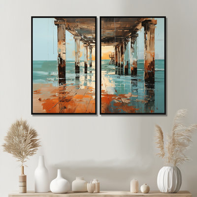 Coastal Pier Perspective Pointillism I - Coastal Coastal Pier Wall Art Set Of 2