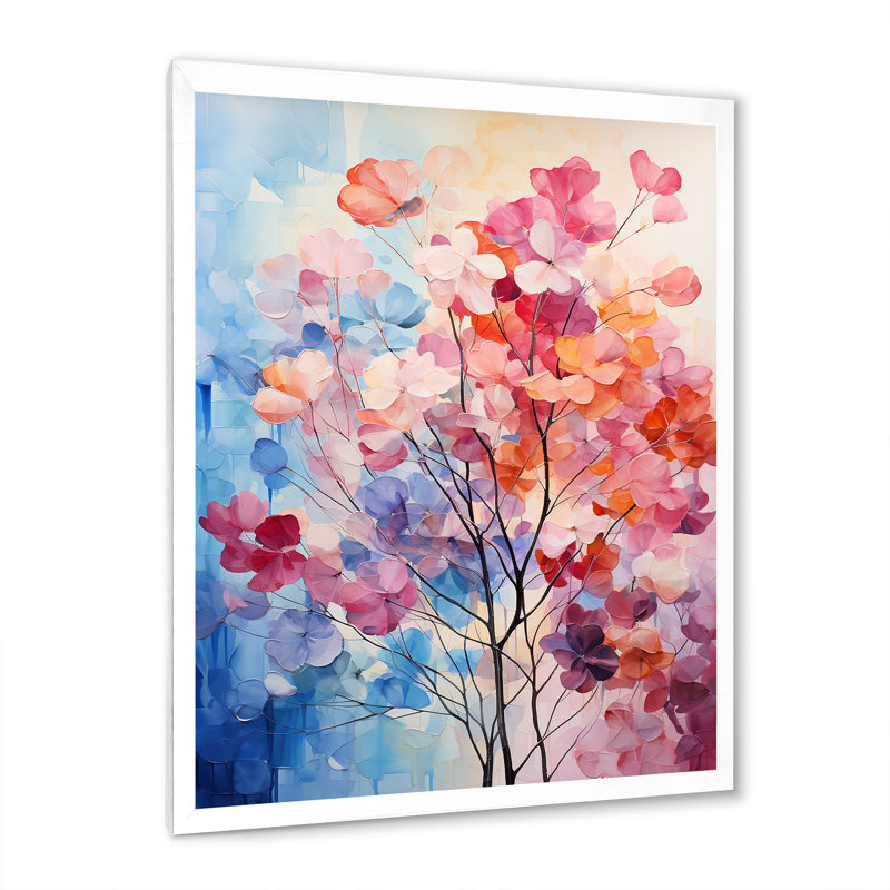 Rose et bleu arbres champ pointillisme VI - Cottage Art mural salon, H 40 po x l 30 po x P 1,5 po, Cadre photo blanc