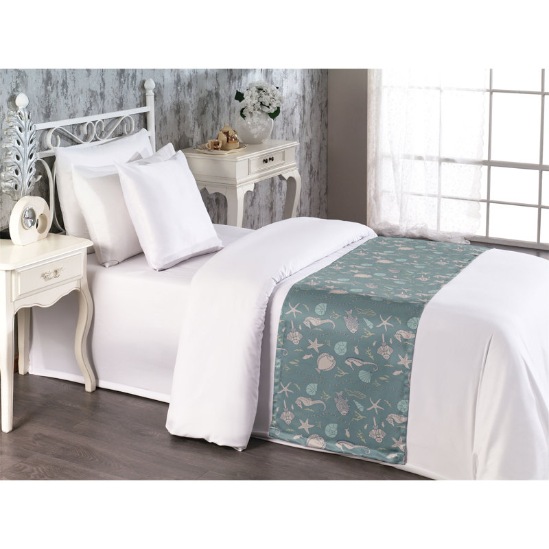 Twin Gray Polyester Satin Marine Print Bed Runner Set