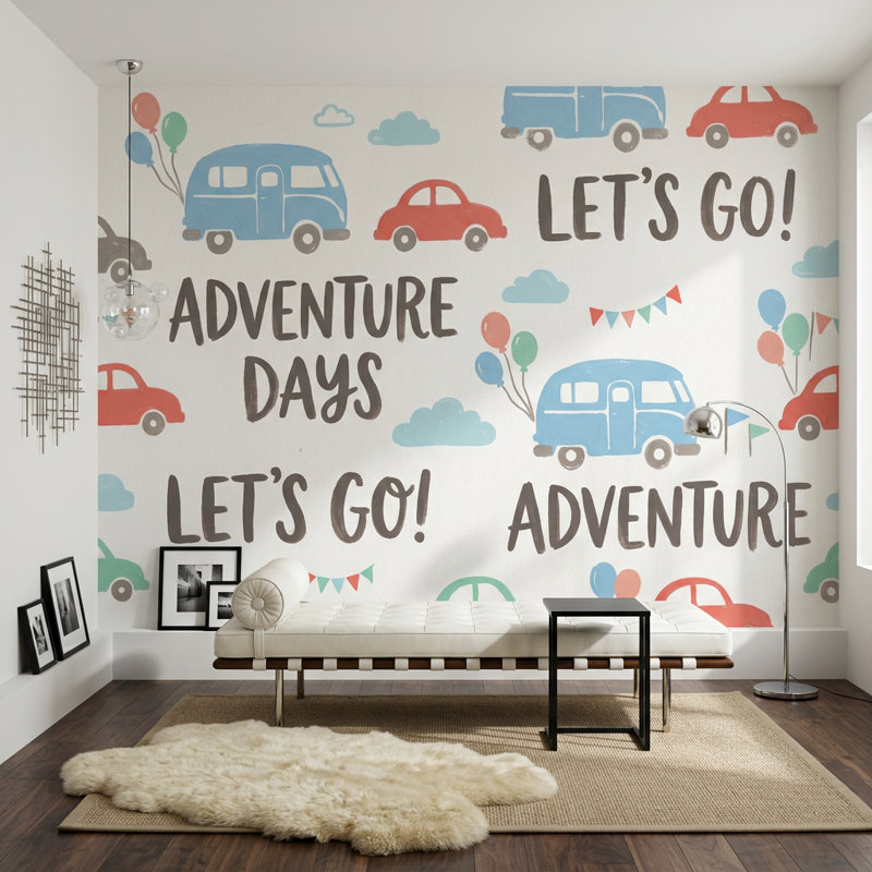 Papier peint blanc avec décor de voyage amovible pour enfants, 120 po x 96 po, Peler et coller