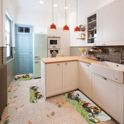Farm Rooster And Sunflower 3 Piece Kitchen Rug For Kitchen, Entryway, Green Brown
