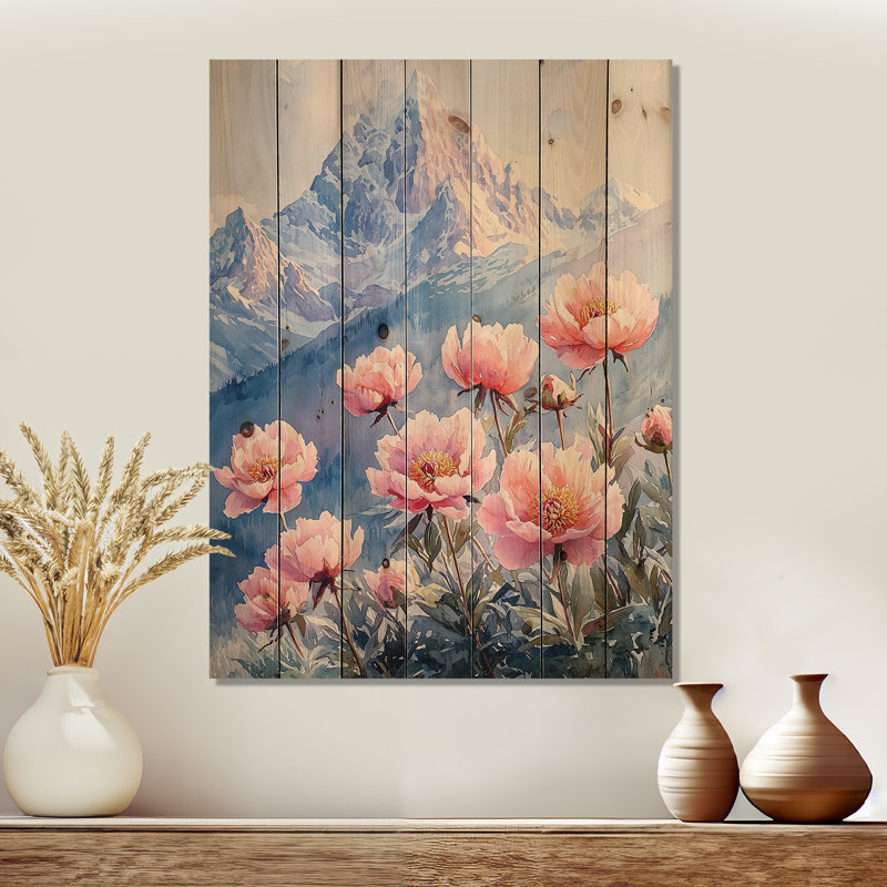 Pivoines et sommet de montagne II - Art mural en bois pivoines - sur bois de pin naturel, H 20 po x l 10 po x P 0,78 po