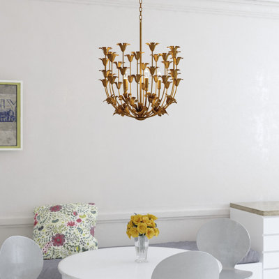 Camellia 5-Light 23.5 In. Wide Gilded Gold Glam Pendant With Metal Flower Shade, LED Compatible, Adjustable Height, Hanging Ceiling Chandelier Fixture For Dining Table Entryway Bedroom Island Foyer