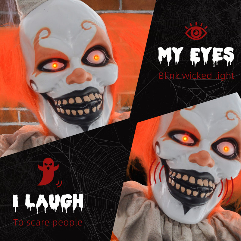 Clown aux cheveux orange, décoration d'Halloween extérieure avec son et lumière activés par les yeux pour un plaisir effrayant
