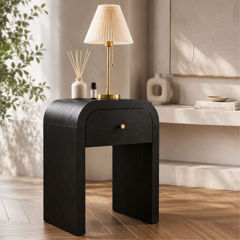 Table d'appoint en bois courbé avec 1 tiroir, table de chevet, table de chevet avec plateau à bords arrondis pour chambre ou salon