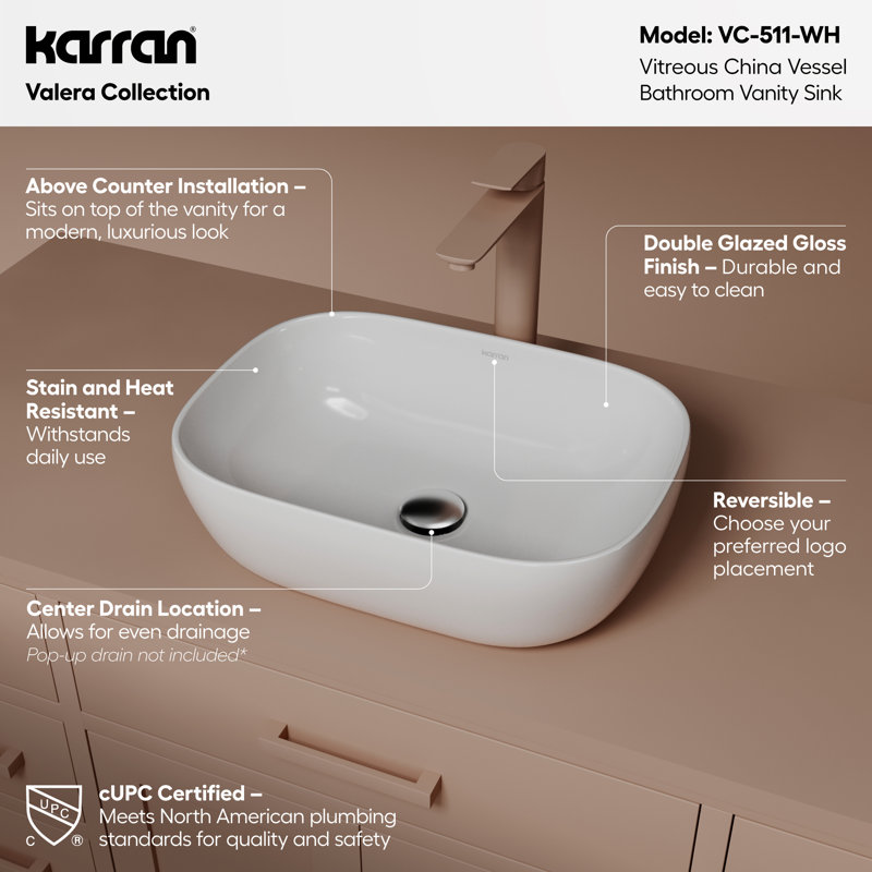 Karran Valera 20 In. Vitreous China Rectangular Vessel Bathroom Sink