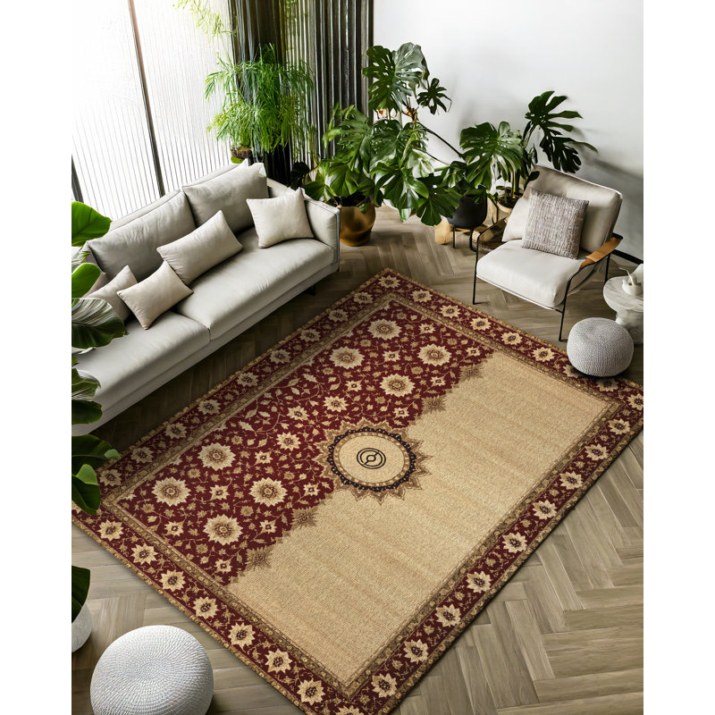 Minasa Collection Digital Print Cotton-Polyester Beige Burgundy Oriental Rug, Runner 5'3" x 14'10"