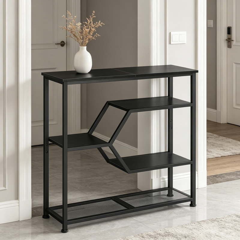 Console de table d'entrée 31,5 pouces avec tablettes de rangement ouvertes à 5 niveaux, canapé mince pour le couloir, le salon, la chambre à coucher, structure en métal noir et panneau de particules