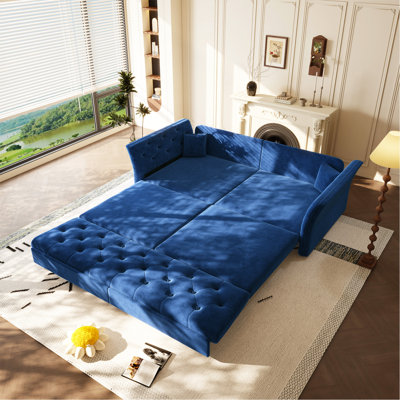 74.4"  Queen Pull Out Sofa Bed,  Convertible Sleeper Sofa With Handmade Fabric Flower Tufted Design,Multi-Functional Velvet Loveseat Bed For Living Room,Bedroom,Apartment,Beige/White
