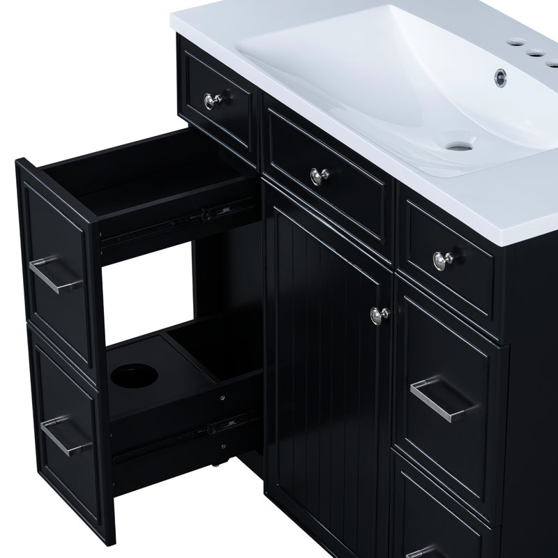Meuble-lavabo noir 36 po, armoire de rangement moderne en bois massif 36 po, porte à fermeture silencieuse