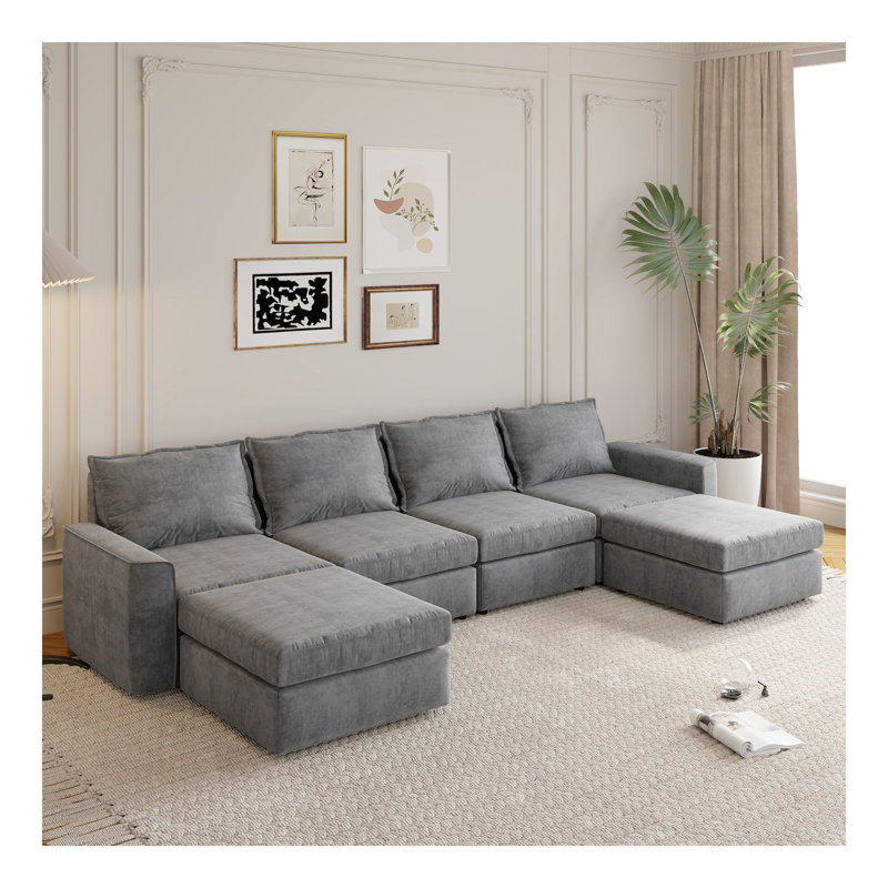 Canapé modulaire en chenille 115 * 58 ", canapé en U réversible, combinaison libre, canapé-lit à 6 places avec repose-pieds, mobilier d'intérieur surdimensionné convertible pour le salon, gris