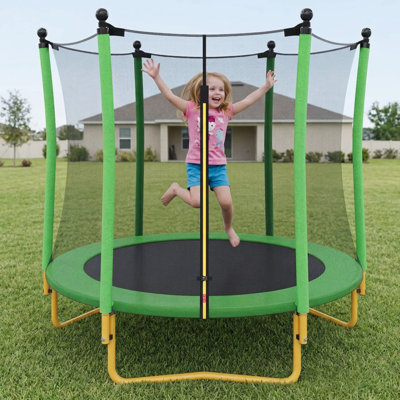 [Sans panier de basketball] Trampoline pour enfants 5,5 pi avec filet de sécurité, trampoline intérieur pour tout-petits d'extérieur avec enceinte, pieds en forme de U stables, poteaux rembourrés en mousse, mini trampoline pour enfants, vert