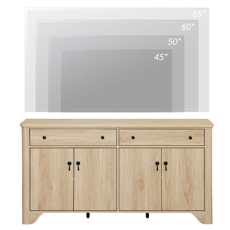 Farmhouse 59" Wide Sideboard Buffet With 4 Doors And 2 Drawers, Adjustable Shelves, Oak, Oak
