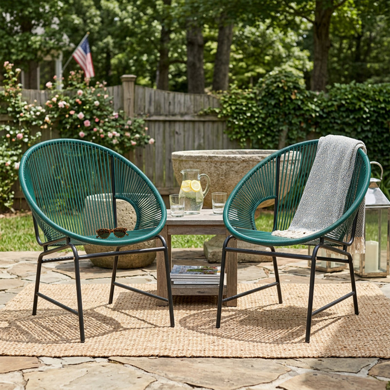Chaise d'extérieur en osier de patio, en rotin de polyuréthane et structure en fer, ensemble de 2, Teal