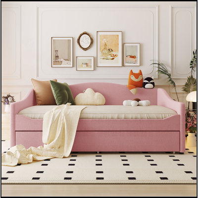 Teddy Fleece Full Size Upholstered Daybed With Light And Trundle, Pink