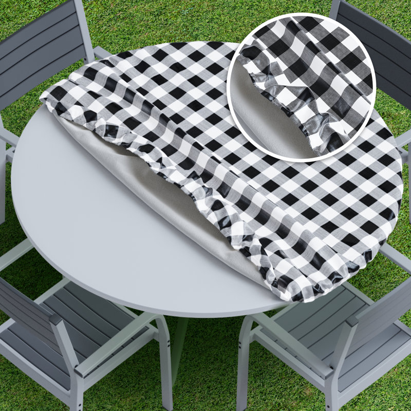 Gracie Oaks Vinyl Fitted Tablecloth Cover, Checke Design, Flannel Backed Lining Fits Up-To 42-54 Round Tables, Black