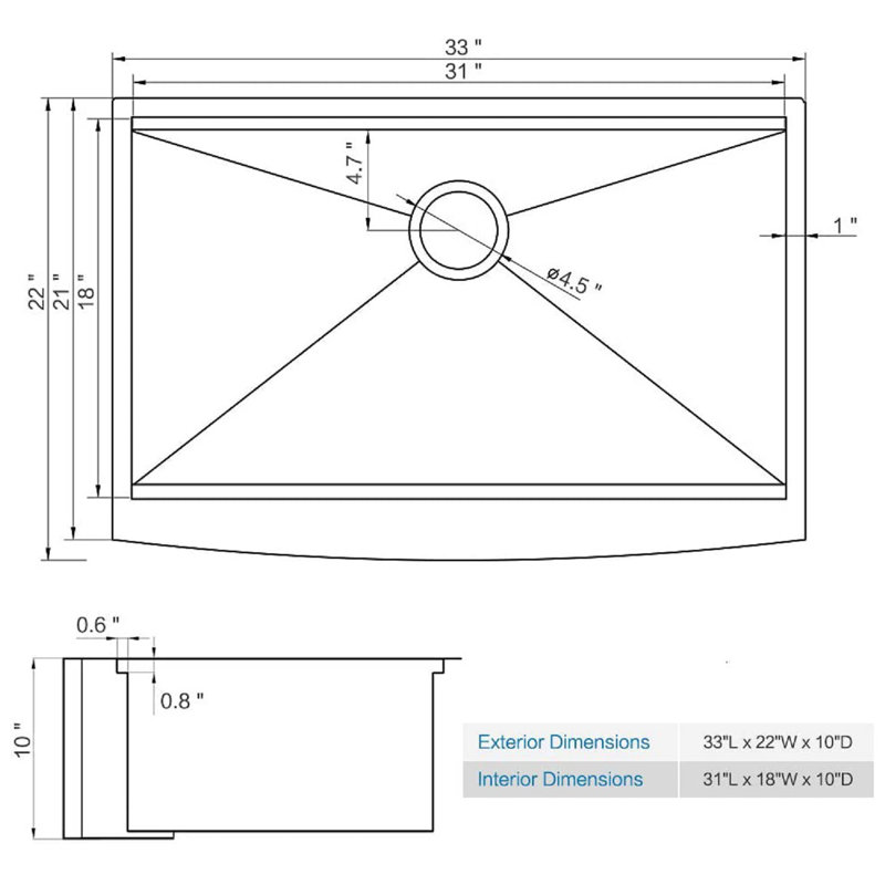 33'' L Single Bowl Stainless Steel Kitchen Sink