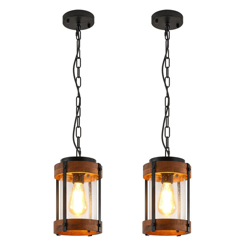 1 ‑ Suspension lanterne rustique style ferme, aspect bois et noir mat, avec verre bullé, idéale pour îlot de cuisine ou entrée.
