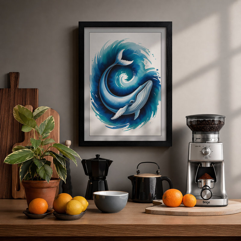 Whale in Motion Coastal - Framed Print, A3 - 42.0 x 29.7 cm, Black