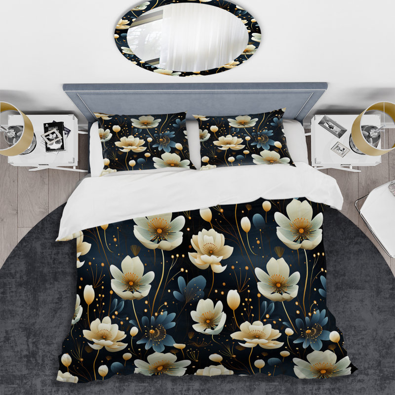 Ensemble de housse de couette à motif floral bohème ivoire et bleu, Housse de couette simple + 1 taie décorative stan