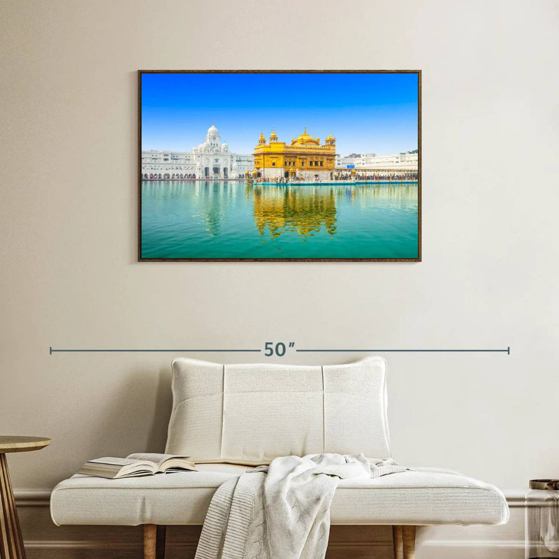 Temple de sri Harmandir, 37 po x 25 po, Cadre flottant noyer
