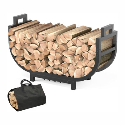 Porte-bûches robuste en métal stable pour foyer, terrasse et patio, 76 cm (30 pouces), avec poignée et sac de transport pour bûches, antirouille, noir.