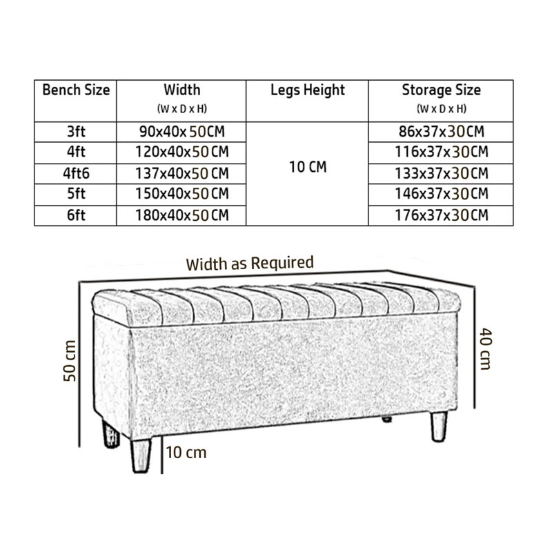 Plush Velvet Lined Upholstered Ottoman Storage Box with Wooden Legs, Black, 45cm H X 137cm W X 40cm D