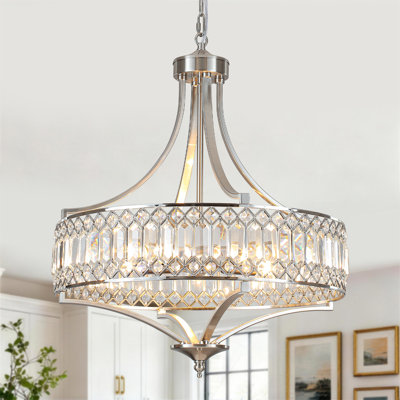 5-Light 20-Inch Modern Farmhouse Crystal Chandelier With Crystal Drum Shade For Kitchen Island Dining Room Entryway