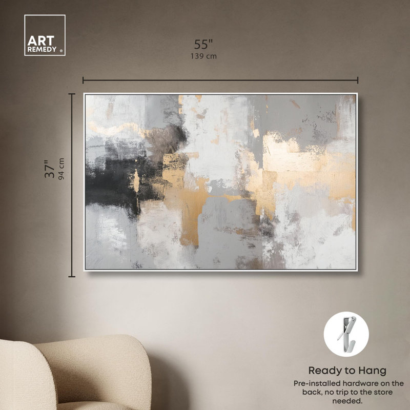 «Gilded Gray II», art abstrait sur toile par Art Remedy, H 37 po x l 55 po, Cadre flottant blanc