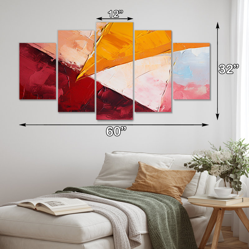 «Immersive Triangle Orange», art mural abstrait 5 pièces, H 32 po x l 60 po