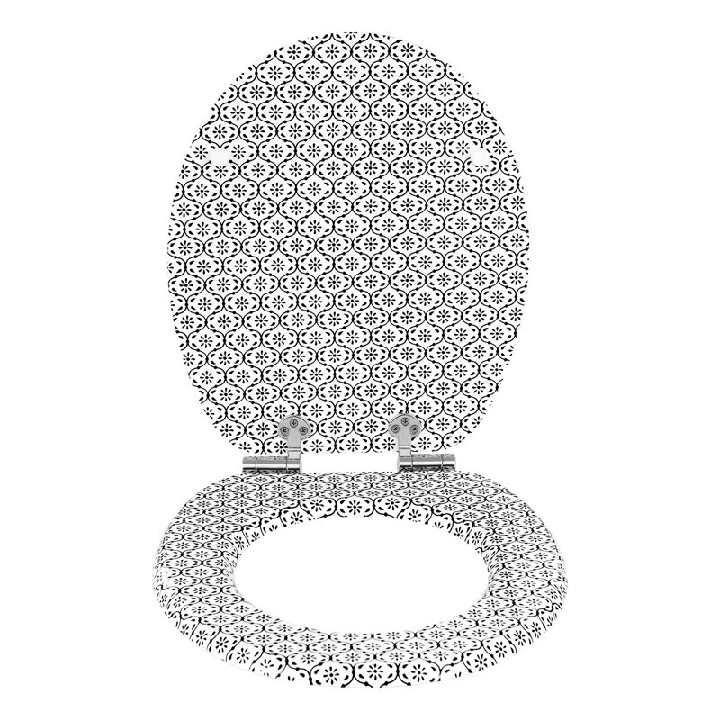 Toilet Seat With Soft-Close Mechanism, Wood, Toilet Seat, O-Shape With Hinges, Quick Release Function For Easy Cleaning, Tile Pattern Motif