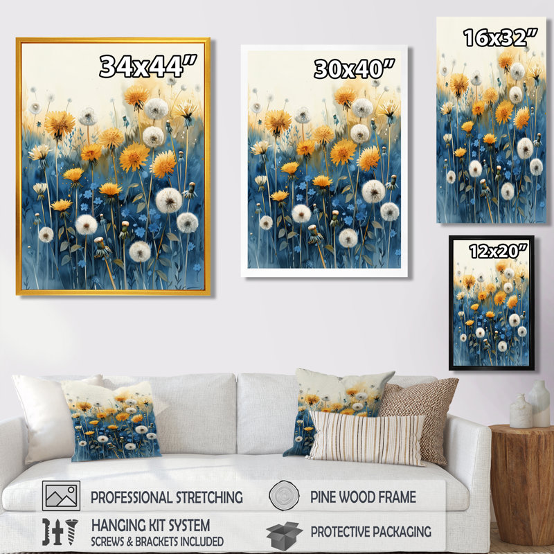 Jaune et bleu, jardin de vie, pissenlit - Pissenlit, art mural, Cadre simple blanc, H 44 po x l 34 po x P 1,5 po