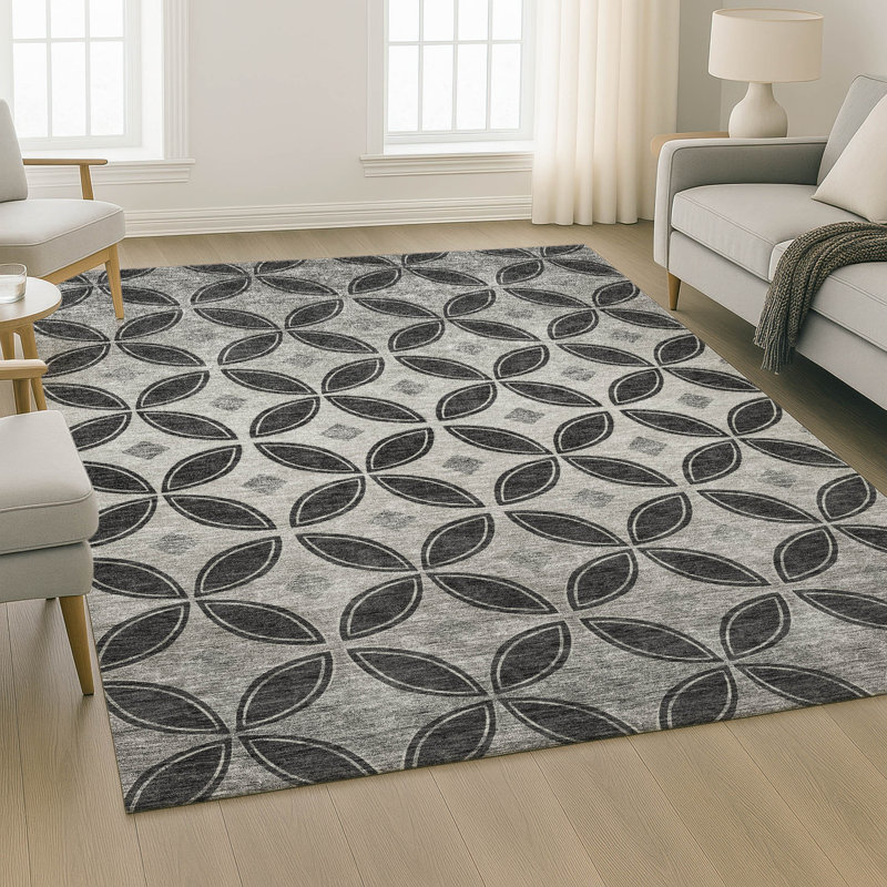 Premium Machine Washable Mayfield AMF2423 Geometric Rug, 3' x 5', Black