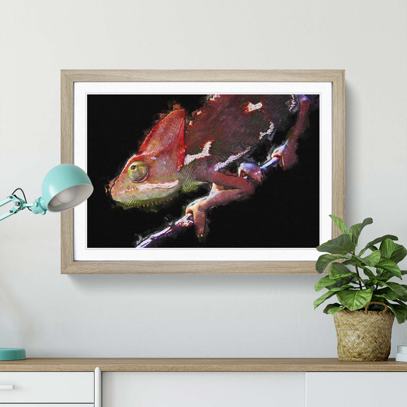 Red Chameleon Lizard in Abstract - Picture Frame Graphic Art Print, Oak Framed, 36cm H x 48cm W x 2cm D