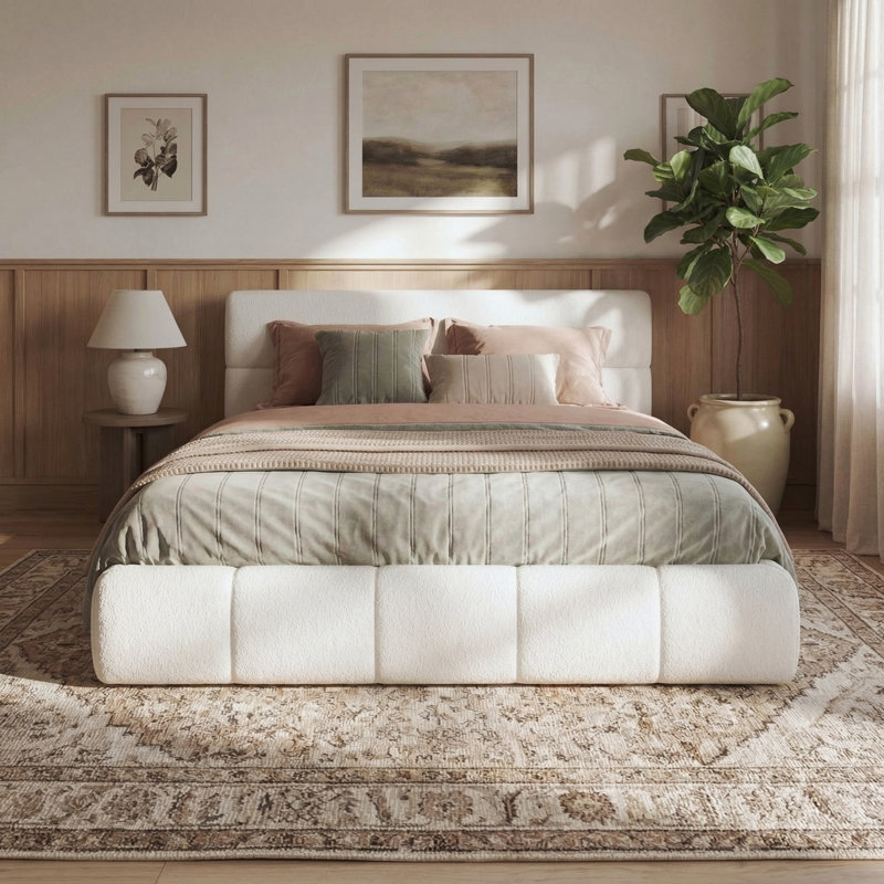Minimalist Modern Bouclé Upholstered Platform Bed with Rounded Cloud Silhouette, Queen