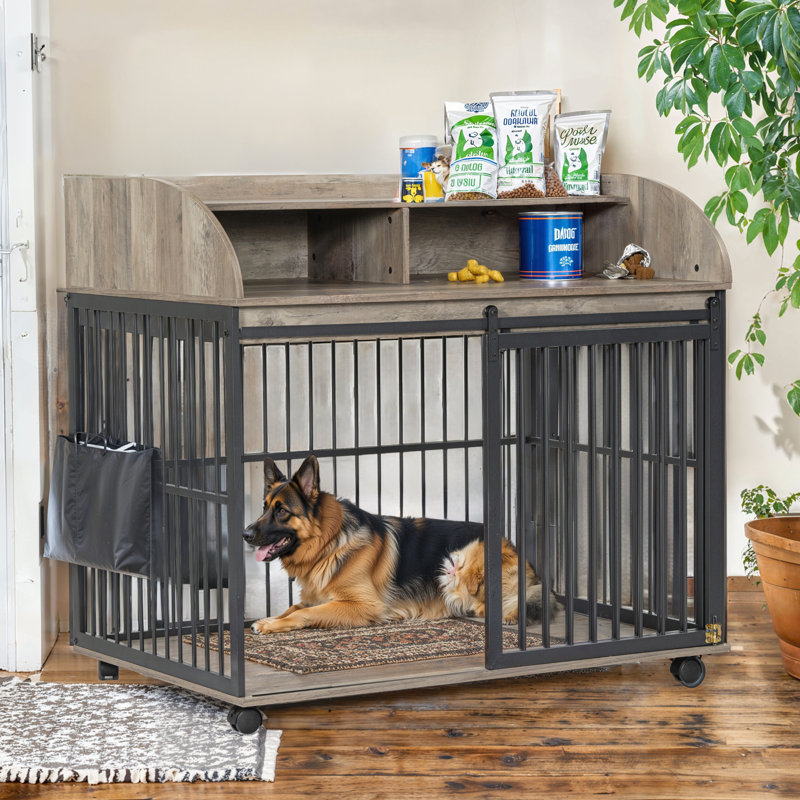 Versatile Heavy Duty Dog Crate with Lockable Wheels and Double Layer Storage