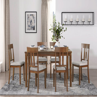 7-Piece Dining Table Set, Cherry Finish Dining Table And 6 X Side Dining Chairs Textured Fabric Upholstered Seat Wooden Classic Look Furniture