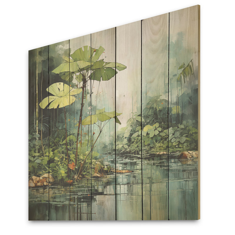 Tropical Jungle River II - Tropical côtier sur bois, H 15 po x l 15 po