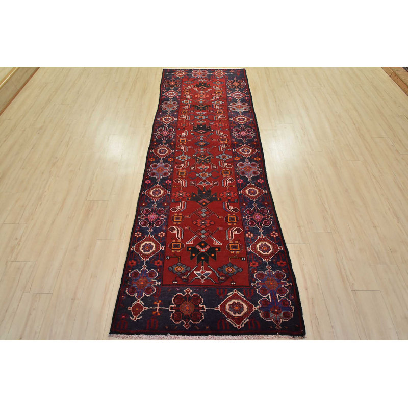 Tapis rouge rétro en laine noué à la main 3 pi 6 po x 9 pi 8 po Tribal Vintage