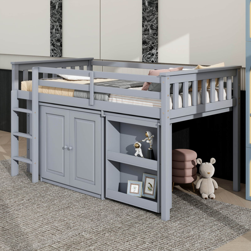 Lit mezzanine simple avec armoire à tiroirs et bureau coulissant pratique, Gris