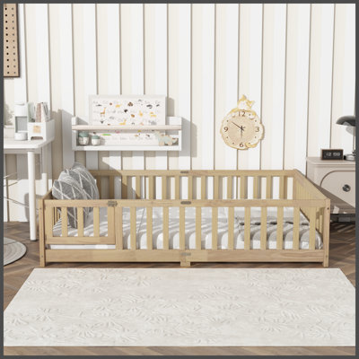 Full Size Floor Bed with Fence and Door,Rubber Wood Floor Bed with Safety Guardrails,Natural P286380)