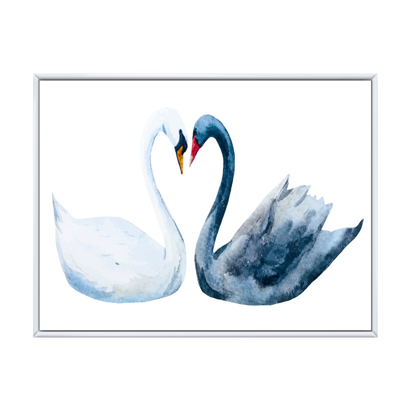 Cygnes en forme de cœur noir et blanc - peinture sur toile, Cadre flottant blanc, H 16 po x l 32 po x P 1 po