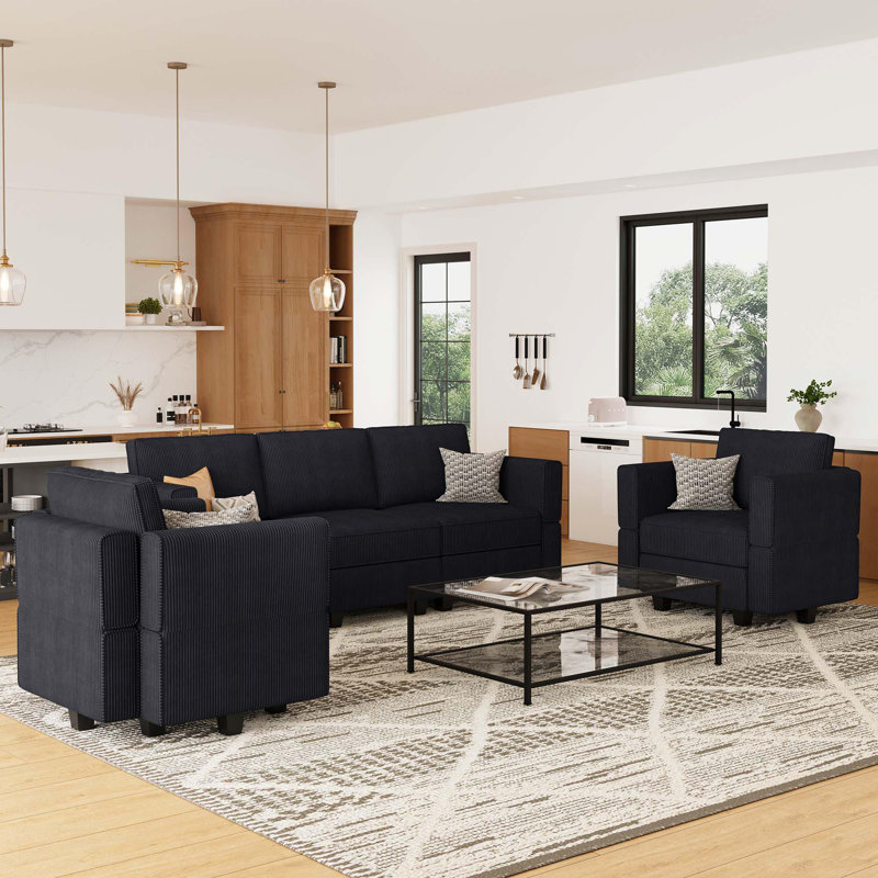 Nairoby 3-Pieces Corduroy Storage Seat Sofa Set Modular Sectional Couch Set For Apartment Livingroom Lounge, 2 Single Armchairs & 3-Seat Sofa Set