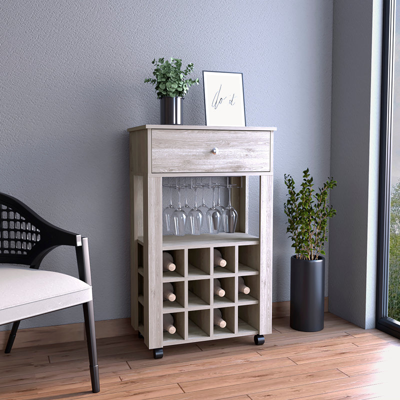 Modern Bar Cart, Twelve Built-in Wine Rack, Four Legs, One Open Shelf -Light Gray