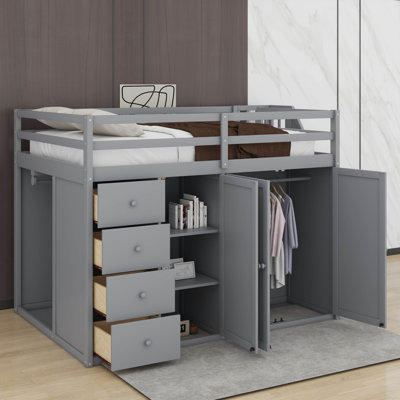 Lit mezzanine double en bois avec armoires, tiroirs et armoires