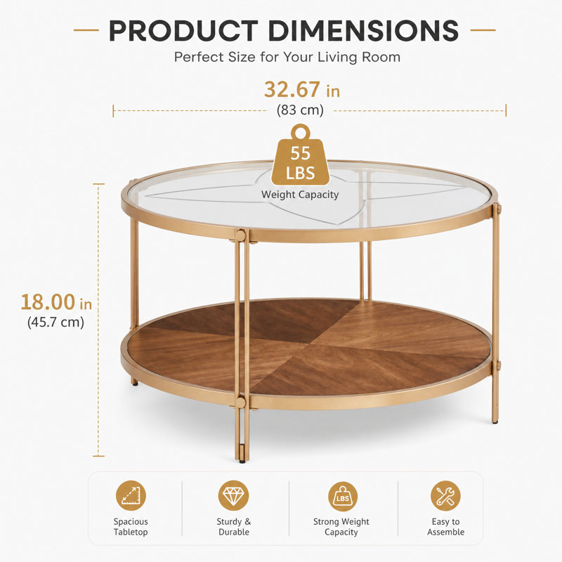 32-inch Round Wood Coffee Table with Sleek Glass Top and Sturdy Metal Frame, Gold