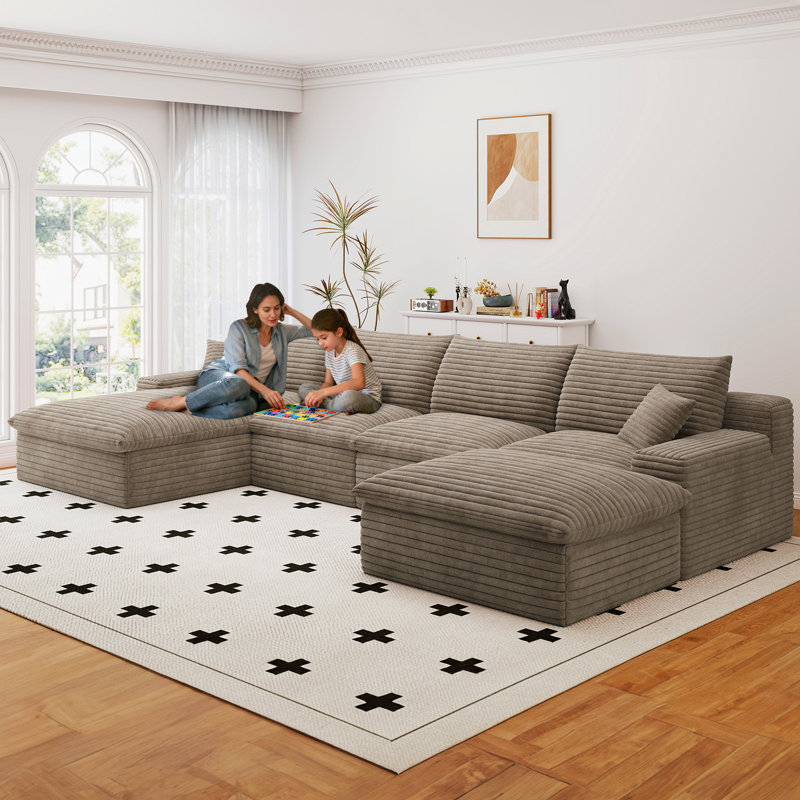 Boneless 136" U Shaped Sectional Couches, Corduroy Sectional Sofa With Reversible Storage Ottoman, 4 Seater Sofa With Throw Pillows Upholstered L-Shaped Couch For Living Room