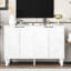 Console de salon moderne, 47,2 po blanc, 2 armoires, tablettes réglables, pieds en bois massif, centre de divertissement, support
