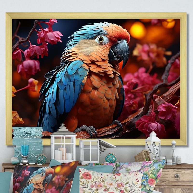 Perroquets rouges et bleus, plumage radieux, coucher de soleil II, Cadre photo doré simple, H 24 po x l 32 po x P 1 po
