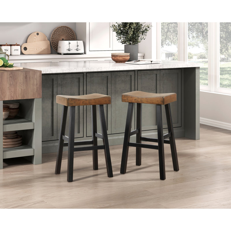 2 tabourets de comptoir en bois d'hévéa massif, style transitionnel, 2 pièces, Brun / Noir